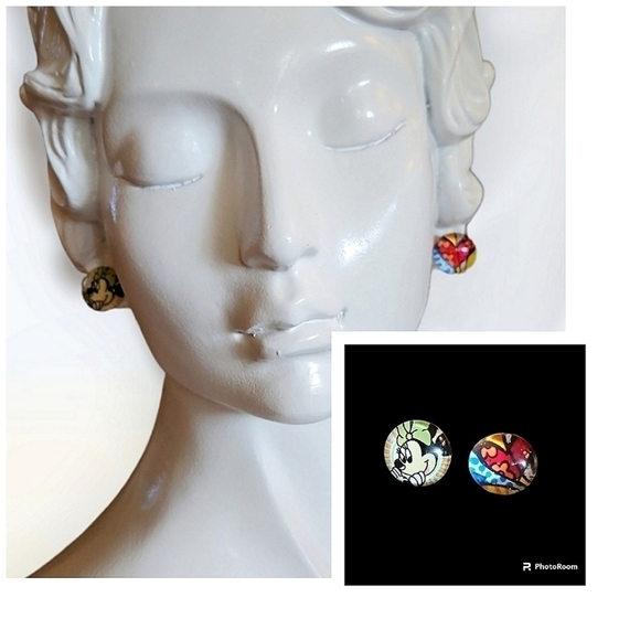 Mismatched Glass Dome Minnie Mouse and Romero Britto Heart Post Earrings - Picture 1 of 4